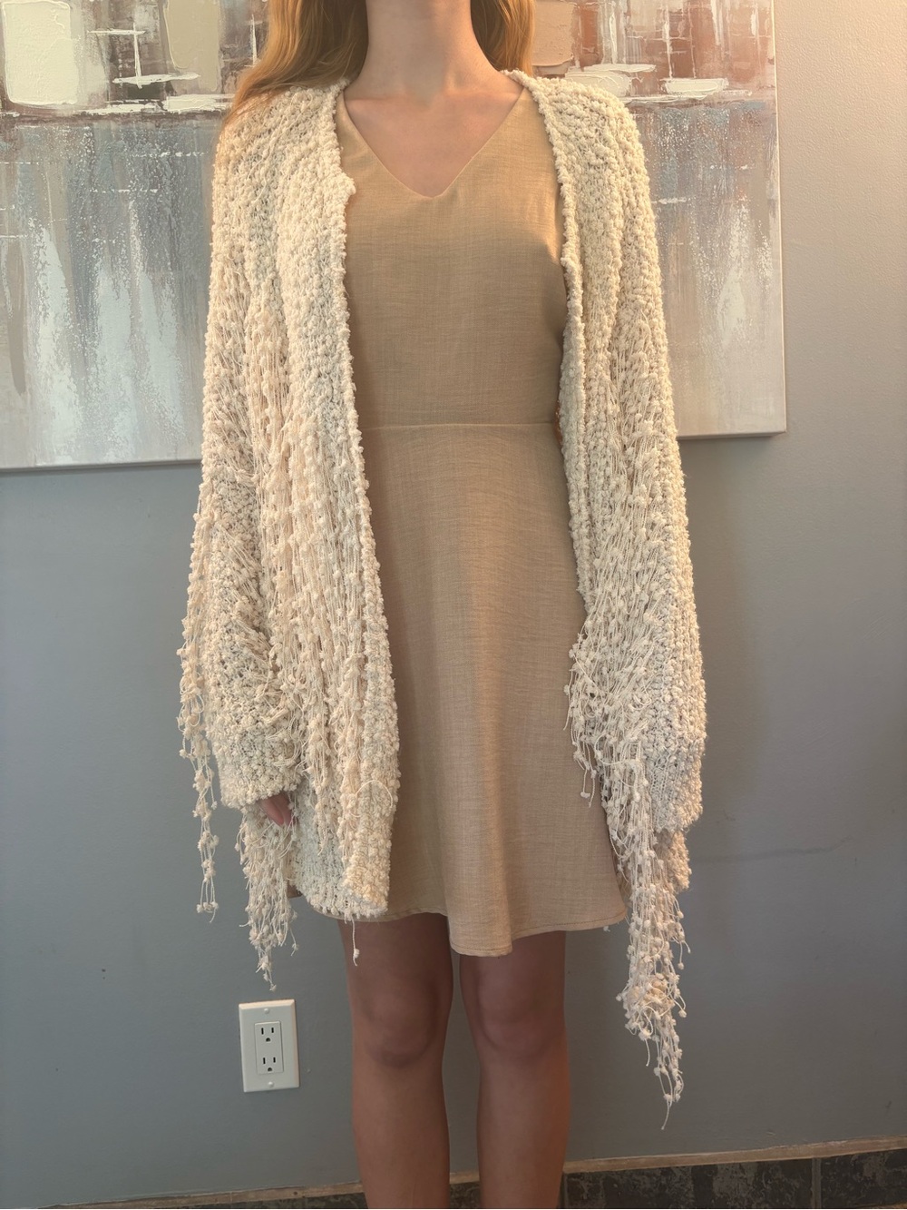 knot sisters cream textured boho fringe sweater